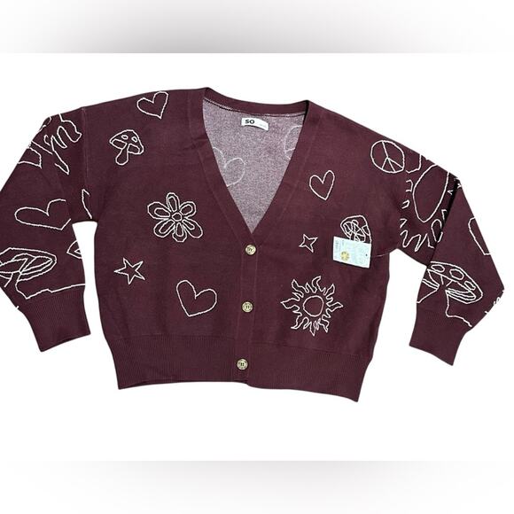 SO Women’s Size Large Burgundy Cropped Cardigan Sweater with Peace Signs NWT - Picture 1 of 9